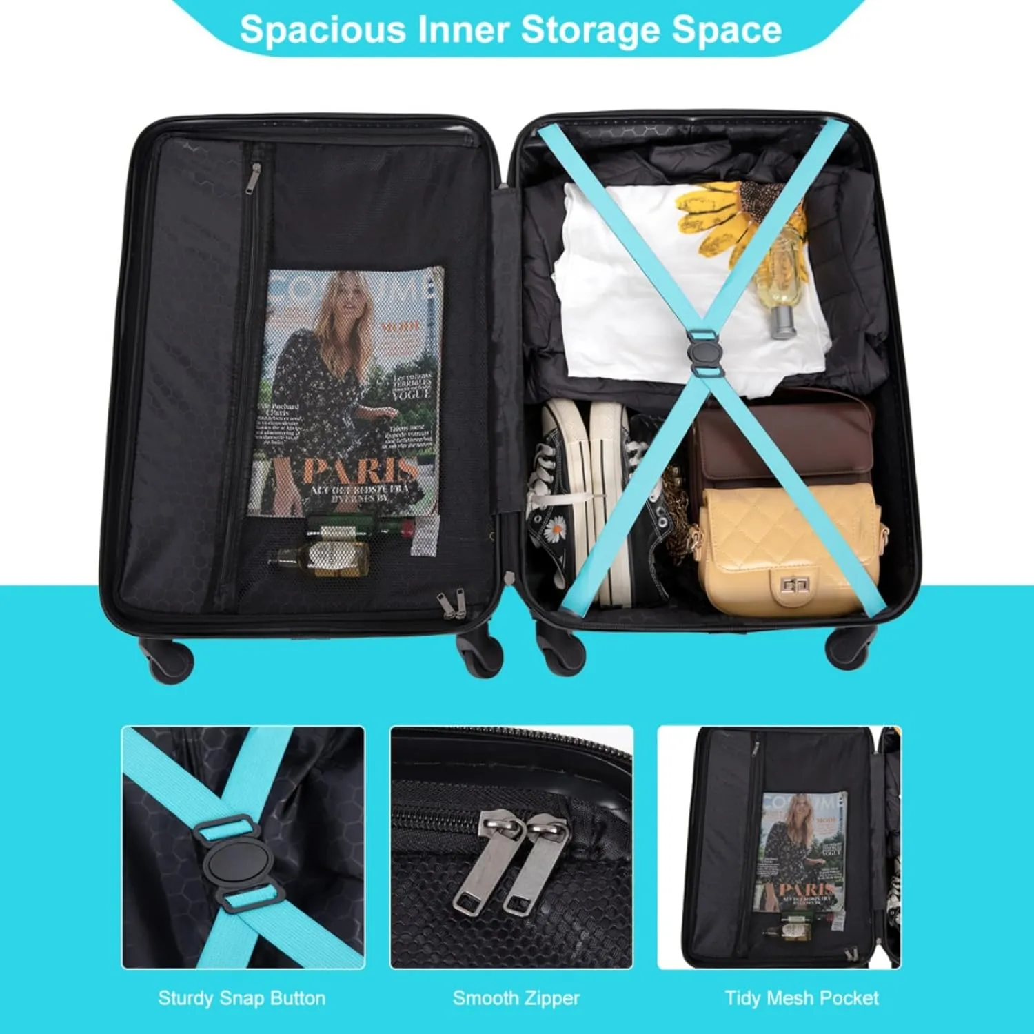 3-Piece ABS Luggage Set (20"/24"/28") - Lightweight Hardshell Suitcases with Lock, 360° Spinner Wheels & 2 Utility Hooks - Carry-On & Checked Luggage (Turquoise   ABS)