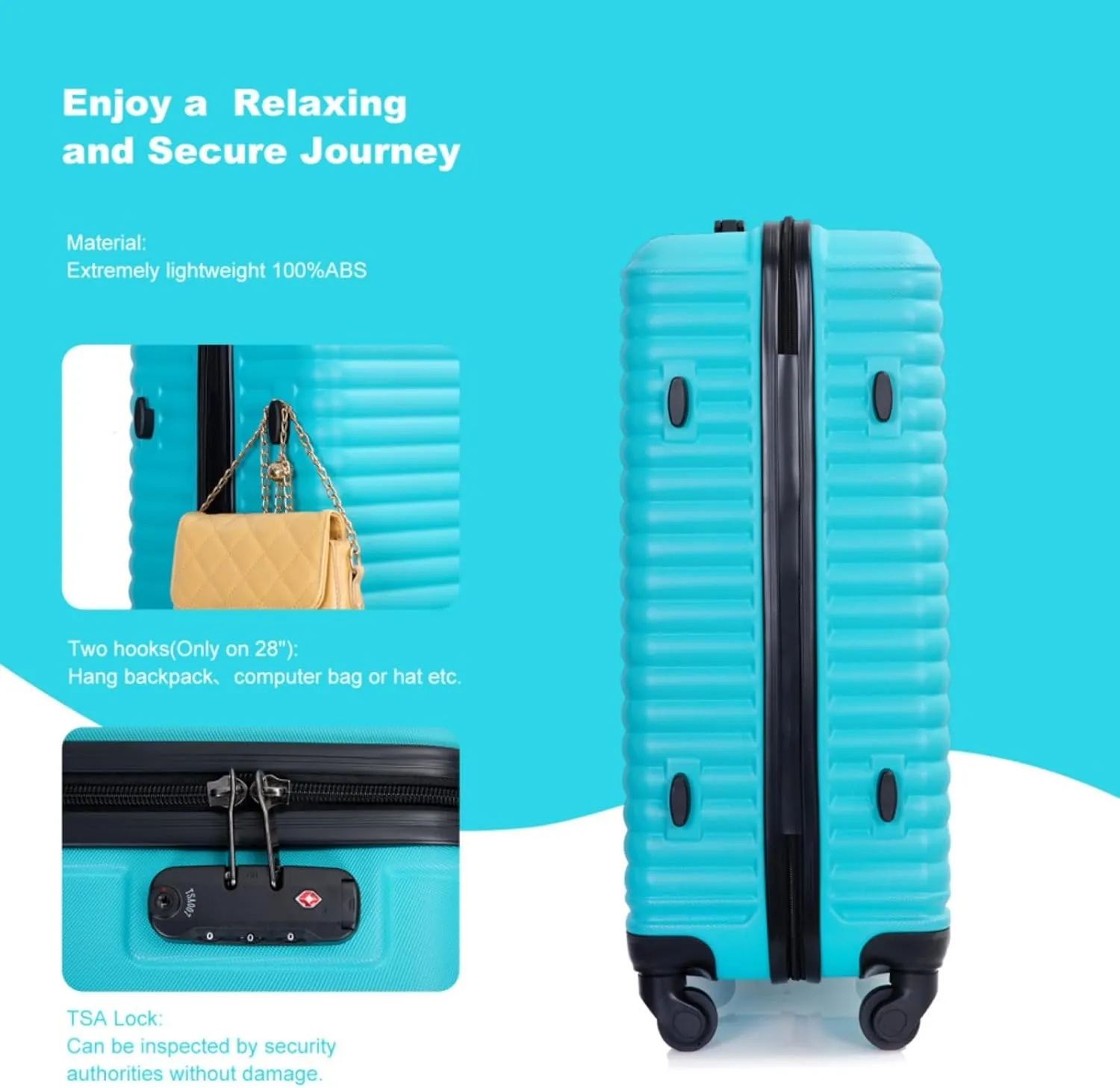 3-Piece ABS Luggage Set (20"/24"/28") - Lightweight Hardshell Suitcases with Lock, 360° Spinner Wheels & 2 Utility Hooks - Carry-On & Checked Luggage (Turquoise   ABS)