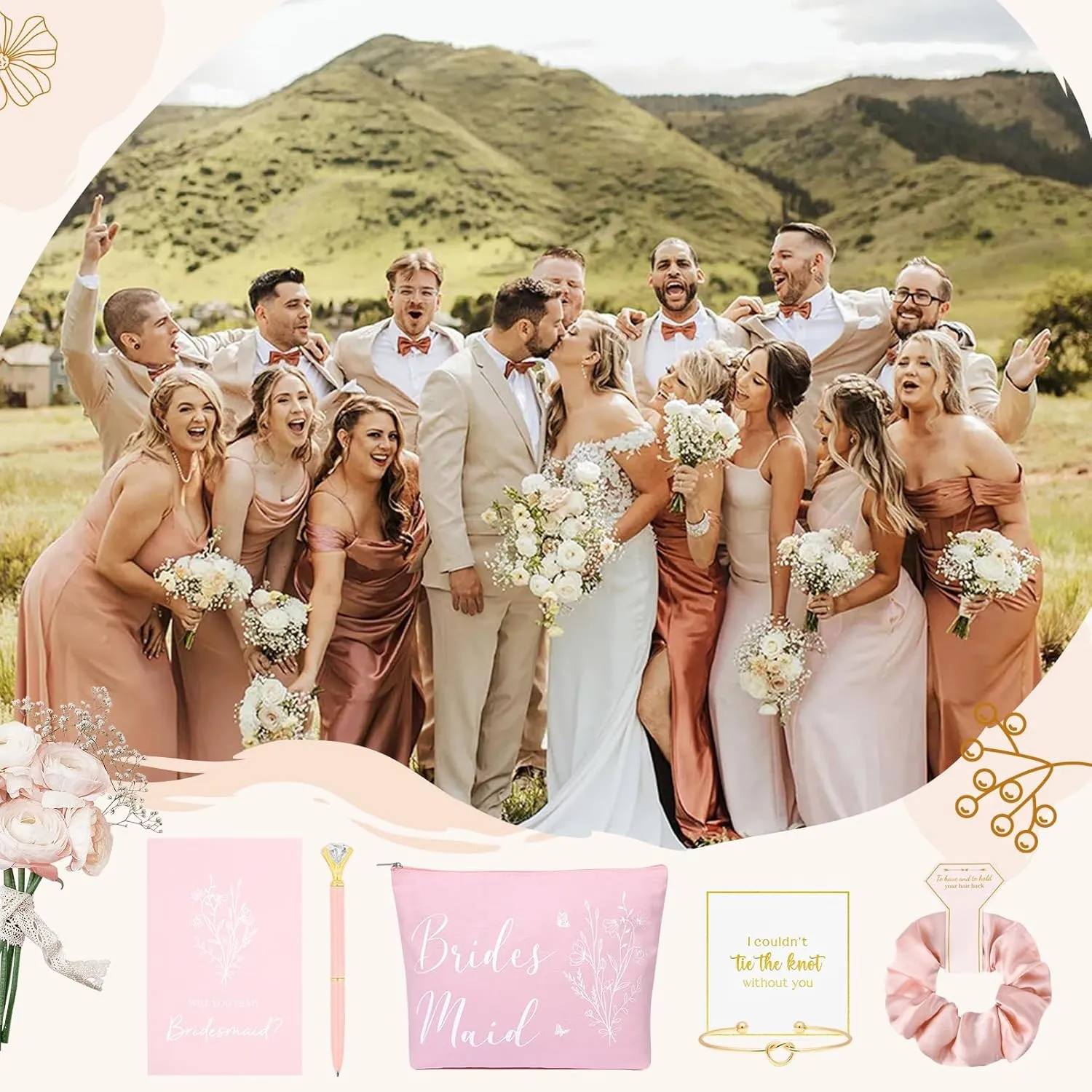 30PCS Bridesmaid Proposal Gifts Set Hair Scrunchies Knot Bracelets Proposal Cards Diamond Pen Makeup Bag Bridal Shower Wedding Party Favors for Maid of Honor Bride Tribe Women Girls Pink