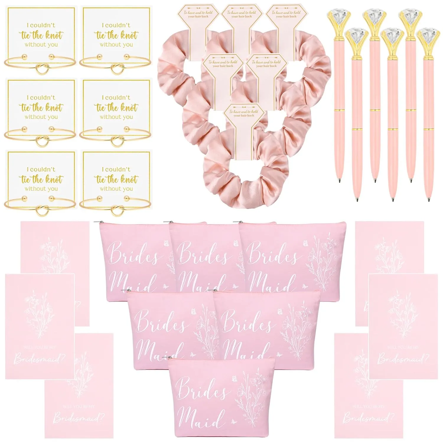 30PCS Bridesmaid Proposal Gifts Set Hair Scrunchies Knot Bracelets Proposal Cards Diamond Pen Makeup Bag Bridal Shower Wedding Party Favors for Maid of Honor Bride Tribe Women Girls Pink