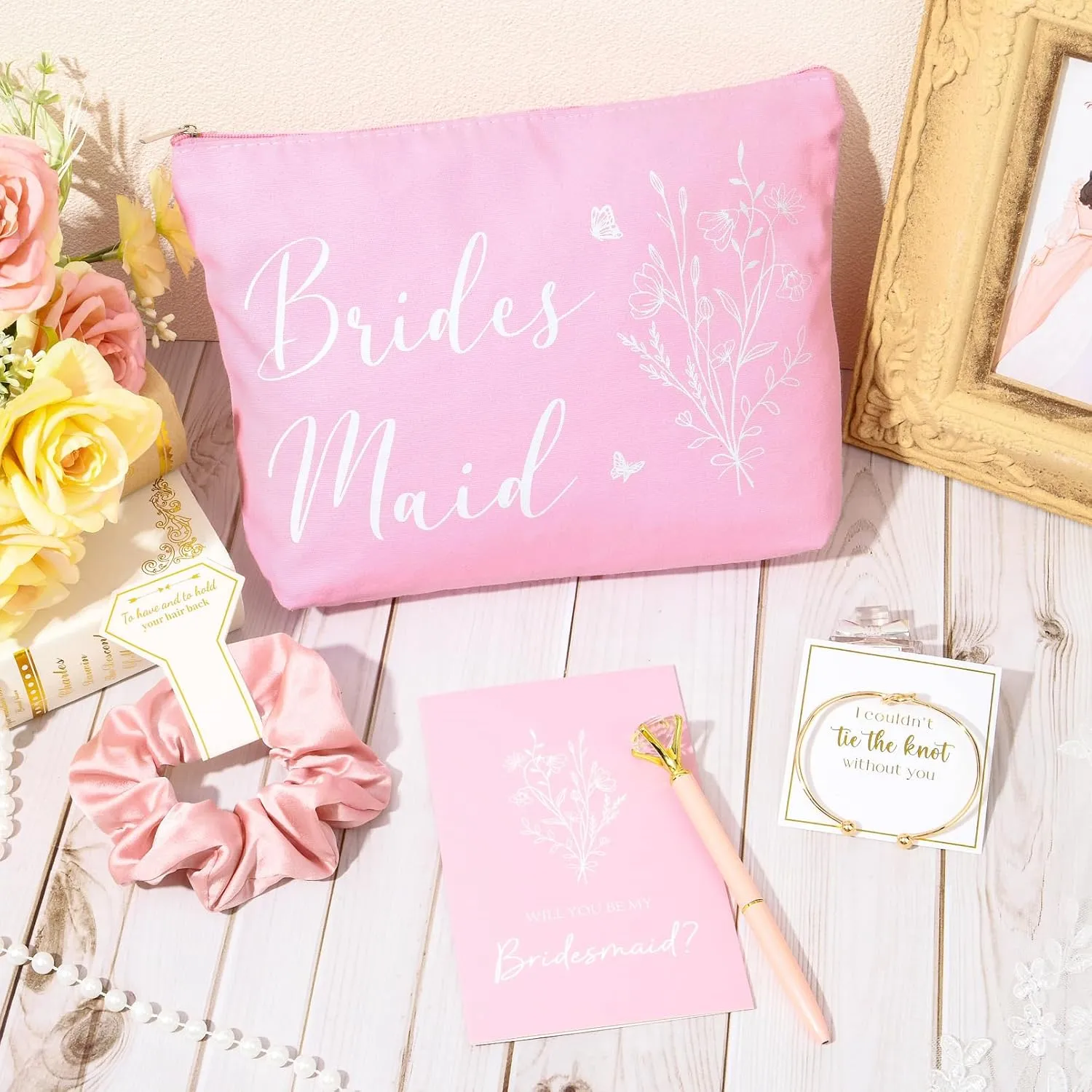 30PCS Bridesmaid Proposal Gifts Set Hair Scrunchies Knot Bracelets Proposal Cards Diamond Pen Makeup Bag Bridal Shower Wedding Party Favors for Maid of Honor Bride Tribe Women Girls Pink