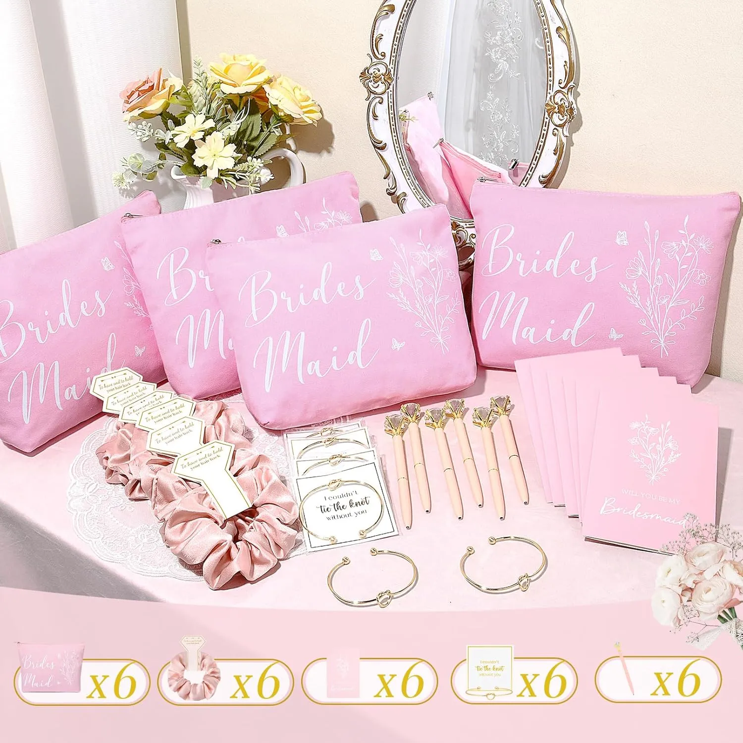 30PCS Bridesmaid Proposal Gifts Set Hair Scrunchies Knot Bracelets Proposal Cards Diamond Pen Makeup Bag Bridal Shower Wedding Party Favors for Maid of Honor Bride Tribe Women Girls Pink