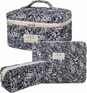 3 Pcs Cotton Quilted Makeup Bag Set, Floral Cotton Cosmetic Bag, Aesthetic Toiletry Travel Organizer Bag for Women (Black White Leaves)