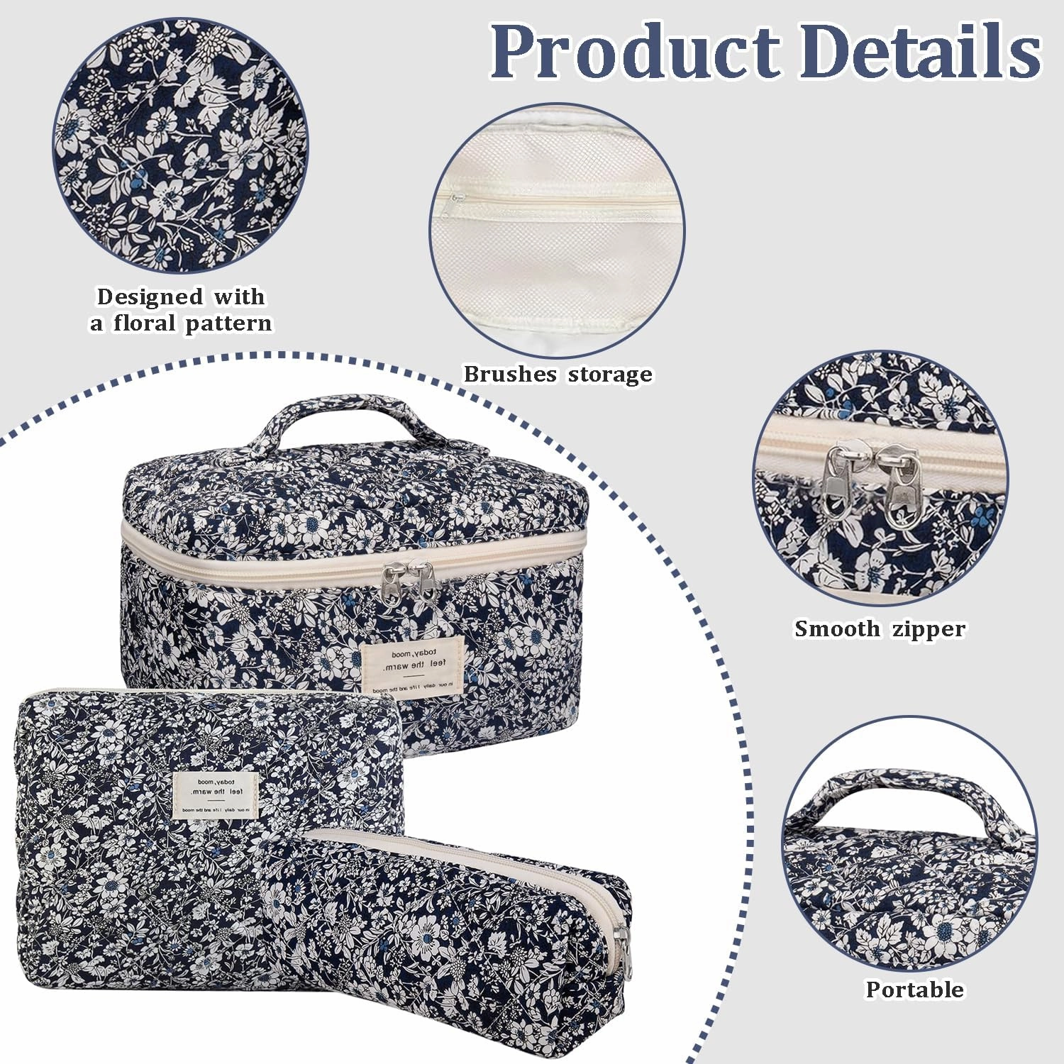 3 Pcs Cotton Quilted Makeup Bag Set, Floral Cotton Cosmetic Bag, Aesthetic Toiletry Travel Organizer Bag for Women (Black White Leaves)