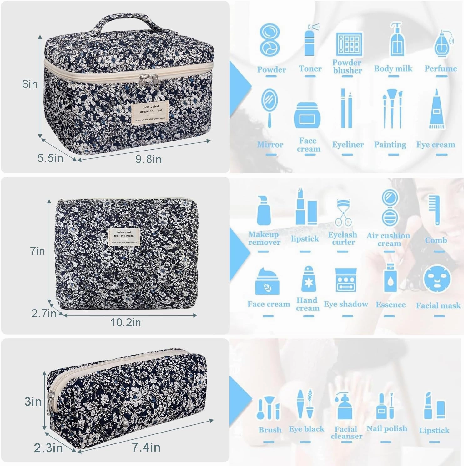 3 Pcs Cotton Quilted Makeup Bag Set, Floral Cotton Cosmetic Bag, Aesthetic Toiletry Travel Organizer Bag for Women (Black White Leaves)