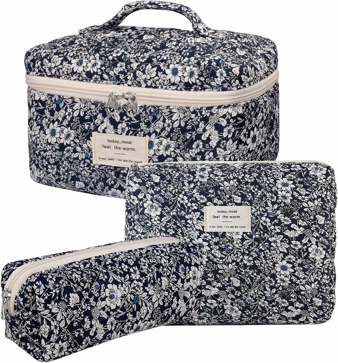 3 Pcs Cotton Quilted Makeup Bag Set, Floral Cotton Cosmetic Bag, Aesthetic Toiletry Travel Organizer Bag for Women (Black White Leaves)