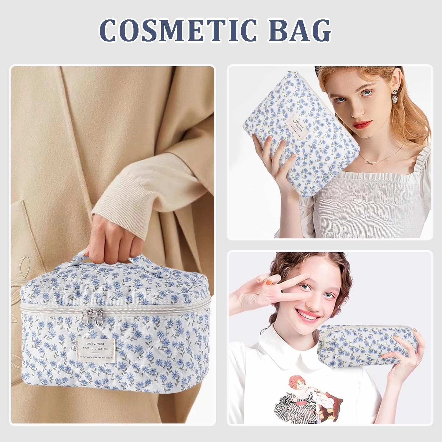 3 Pcs Cotton Quilted Makeup Bag Set, Floral Cotton Cosmetic Bag, Aesthetic Toiletry Travel Organizer Bag for Women (Blue Dandelion)