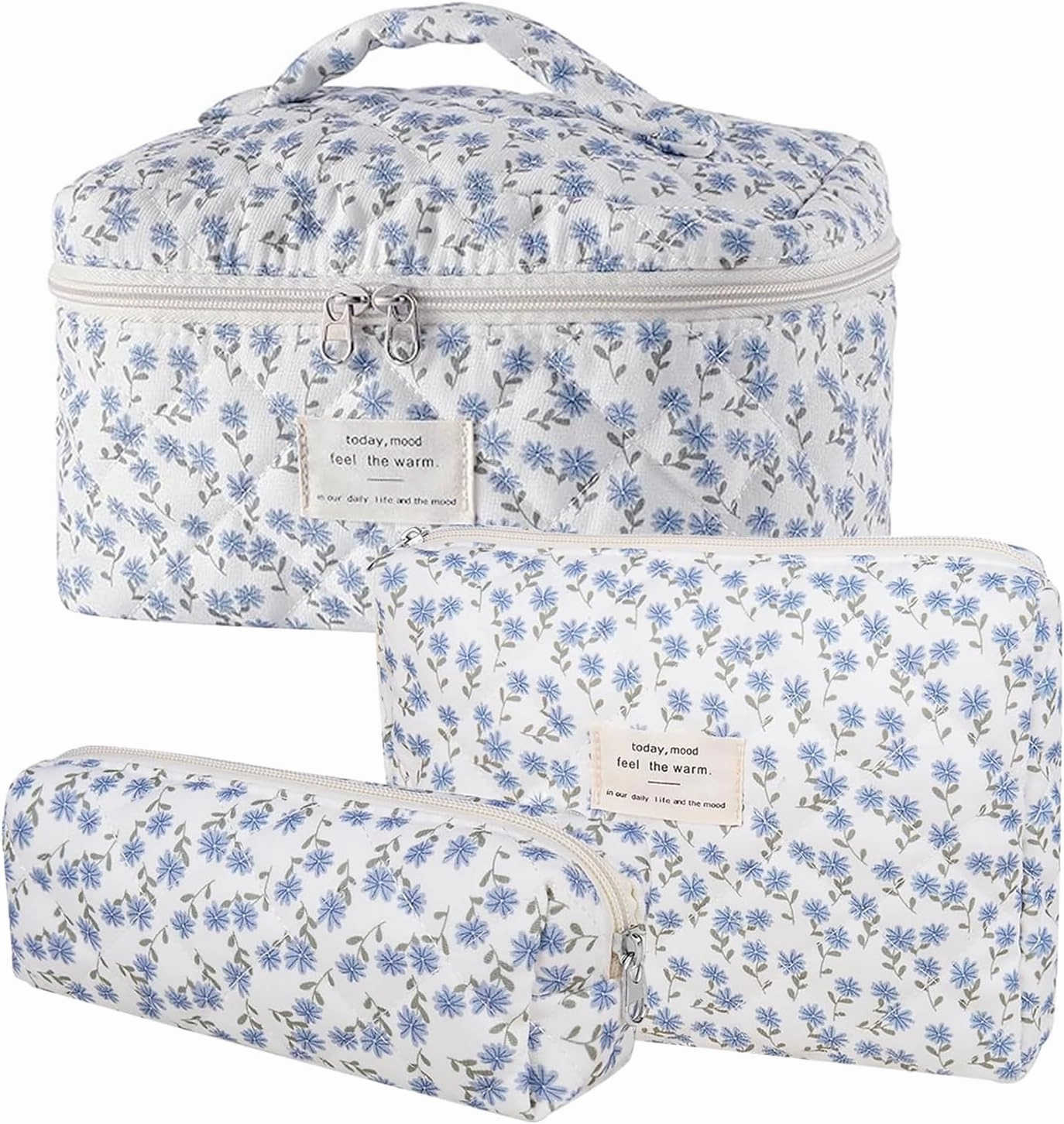 3 Pcs Cotton Quilted Makeup Bag Set, Floral Cotton Cosmetic Bag, Aesthetic Toiletry Travel Organizer Bag for Women (Blue Dandelion)