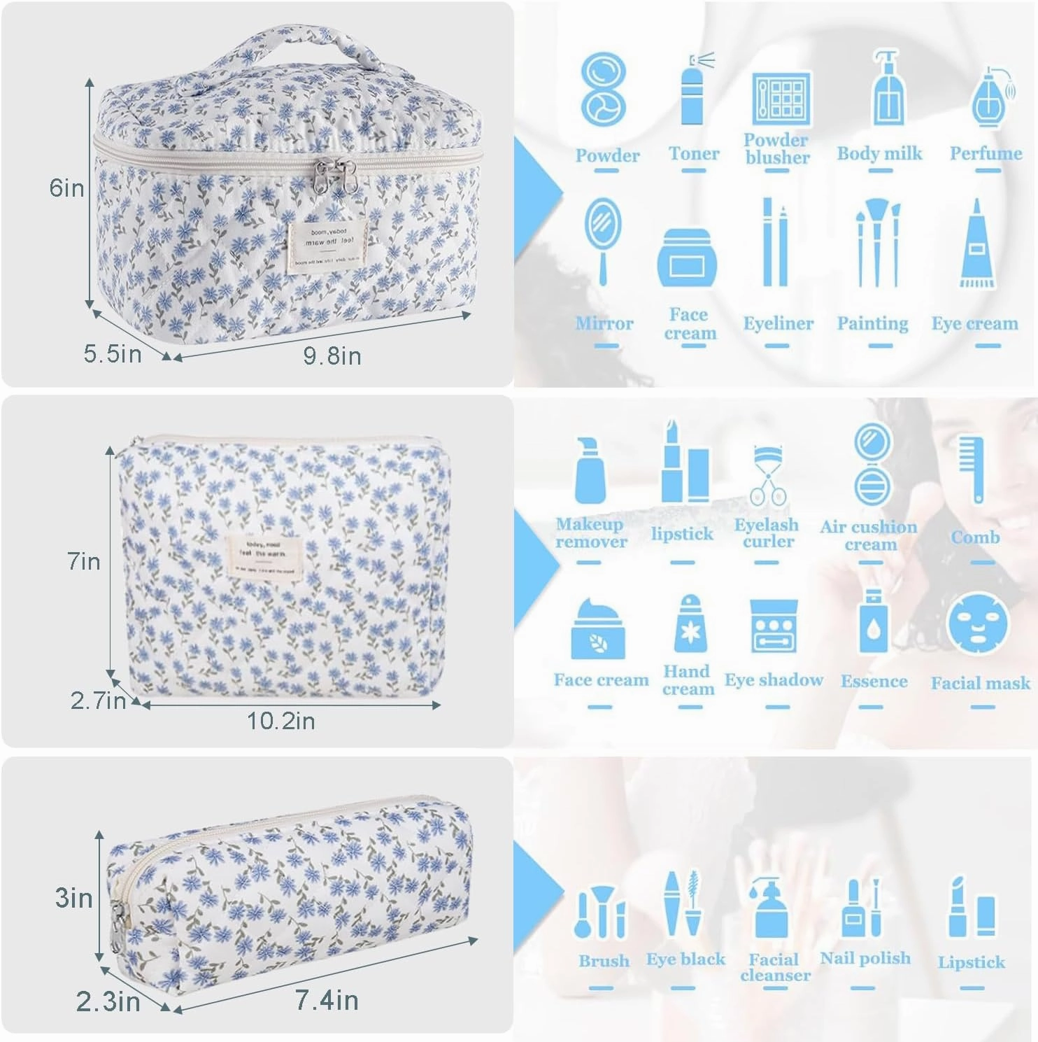 3 Pcs Cotton Quilted Makeup Bag Set, Floral Cotton Cosmetic Bag, Aesthetic Toiletry Travel Organizer Bag for Women (Blue Dandelion)