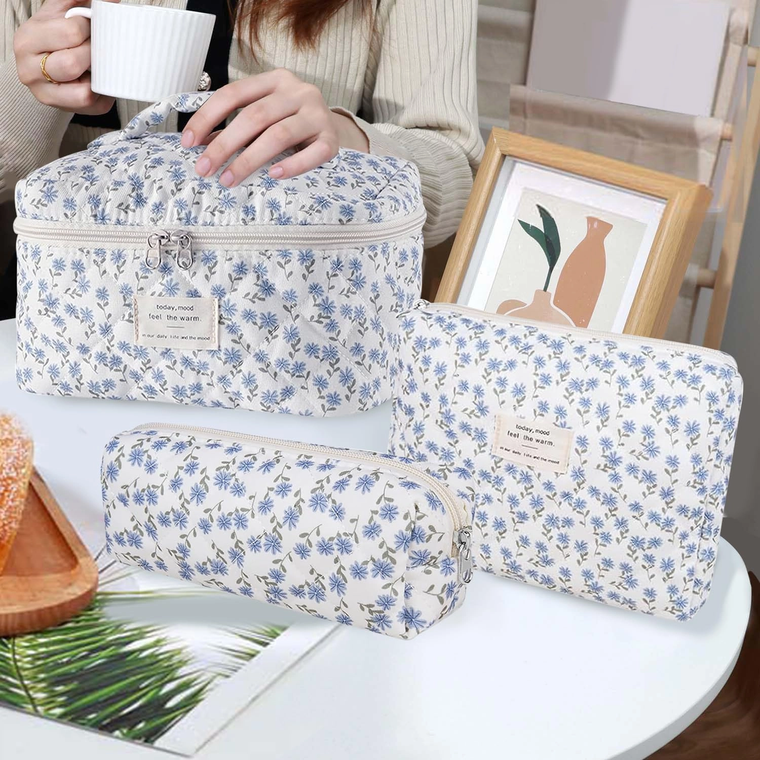 3 Pcs Cotton Quilted Makeup Bag Set, Floral Cotton Cosmetic Bag, Aesthetic Toiletry Travel Organizer Bag for Women (Blue Dandelion)