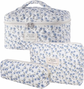 3 Pcs Cotton Quilted Makeup Bag Set, Floral Cotton Cosmetic Bag, Aesthetic Toiletry Travel Organizer Bag for Women (Blue Dandelion)