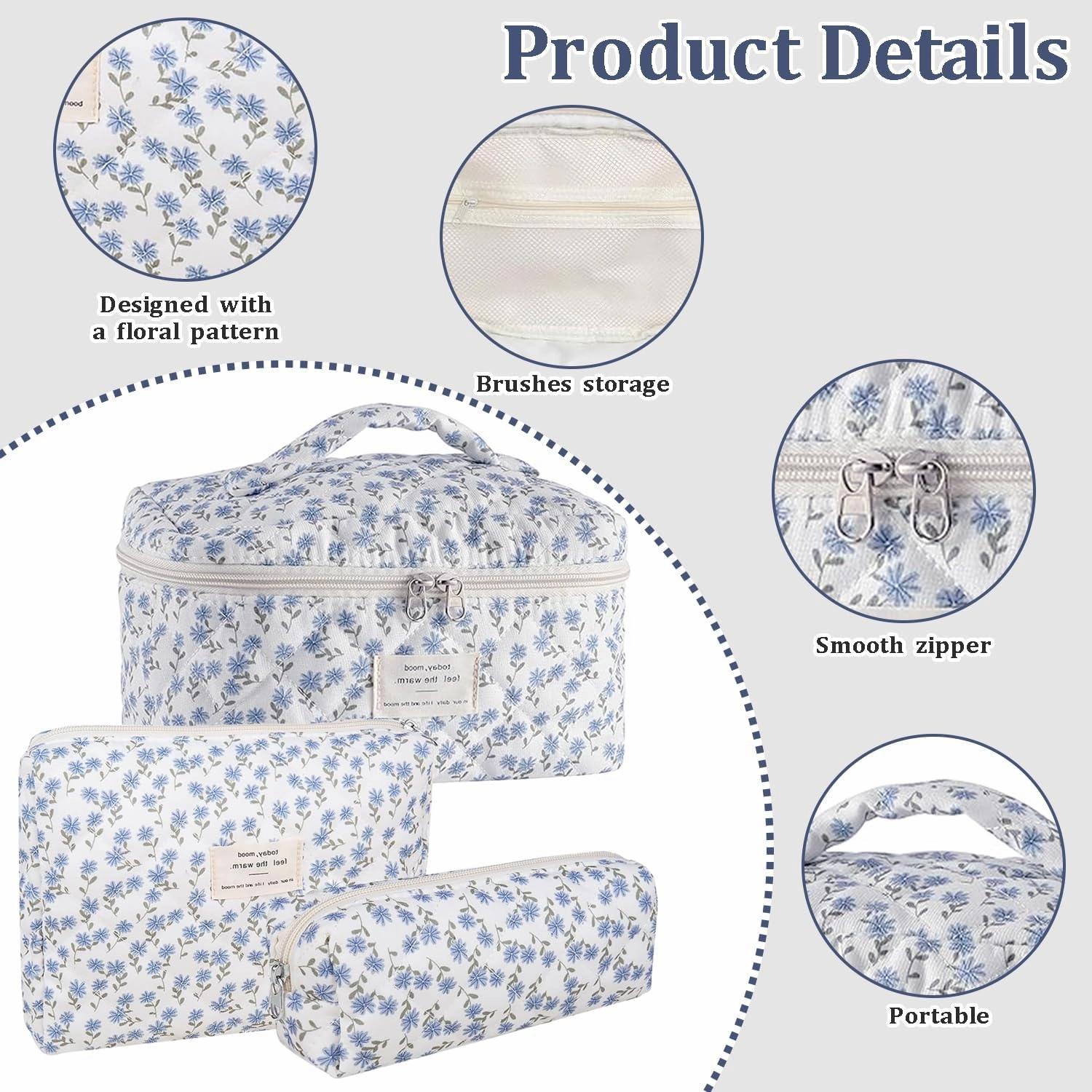 3 Pcs Cotton Quilted Makeup Bag Set, Floral Cotton Cosmetic Bag, Aesthetic Toiletry Travel Organizer Bag for Women (Blue Dandelion)