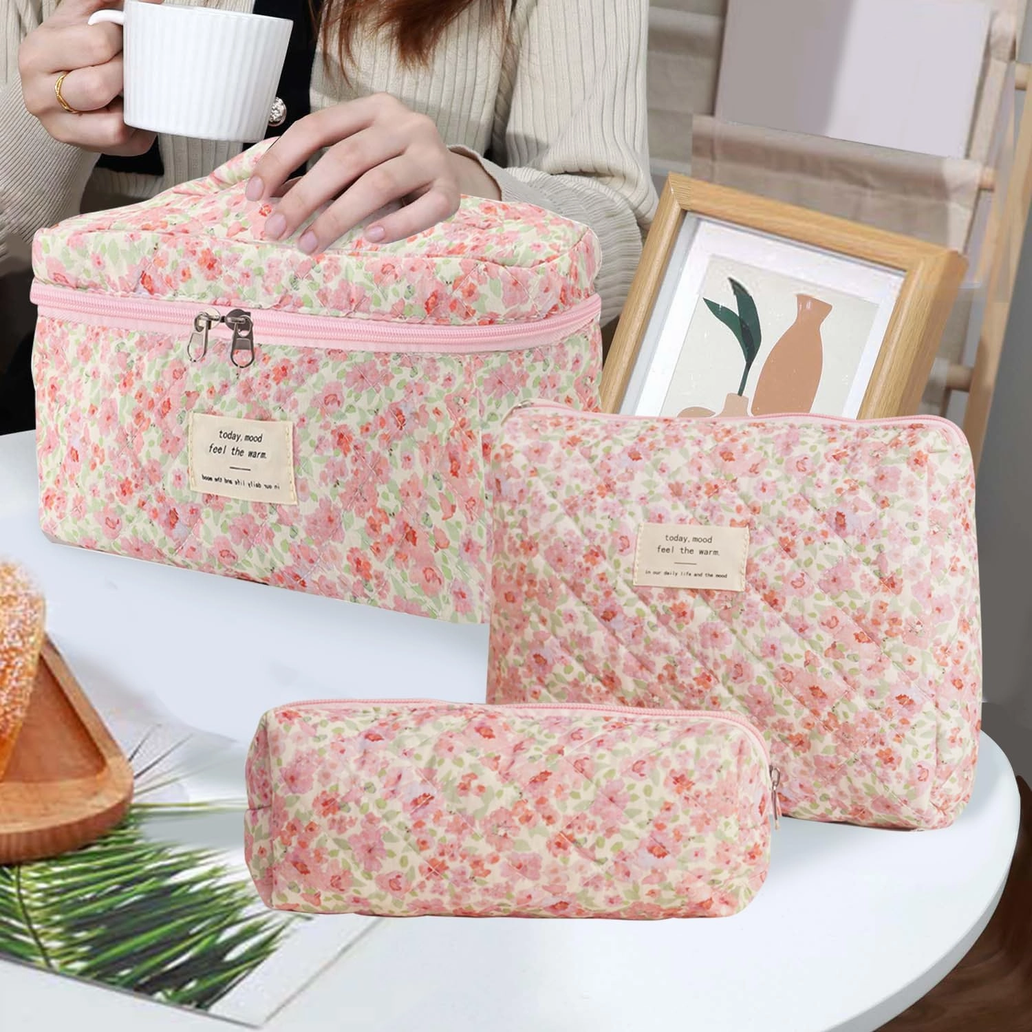 3 Pcs Cotton Quilted Makeup Bag Set, Floral Cotton Cosmetic Bag, Aesthetic Toiletry Travel Organizer Bag for Women (Pink Green)