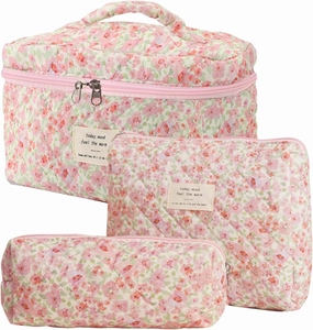 3 Pcs Cotton Quilted Makeup Bag Set, Floral Cotton Cosmetic Bag, Aesthetic Toiletry Travel Organizer Bag for Women (Pink Green)