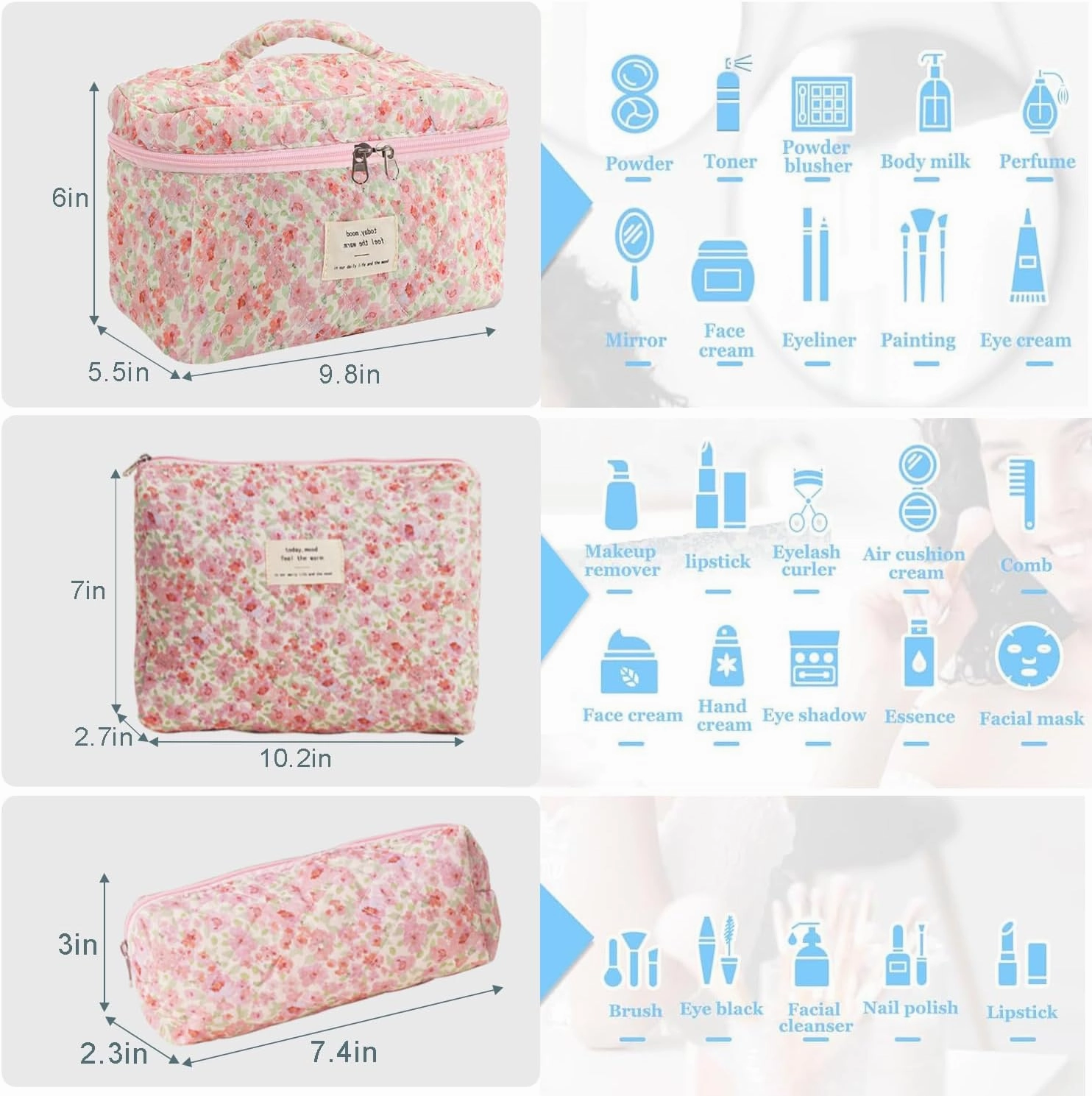 3 Pcs Cotton Quilted Makeup Bag Set, Floral Cotton Cosmetic Bag, Aesthetic Toiletry Travel Organizer Bag for Women (Pink Green)