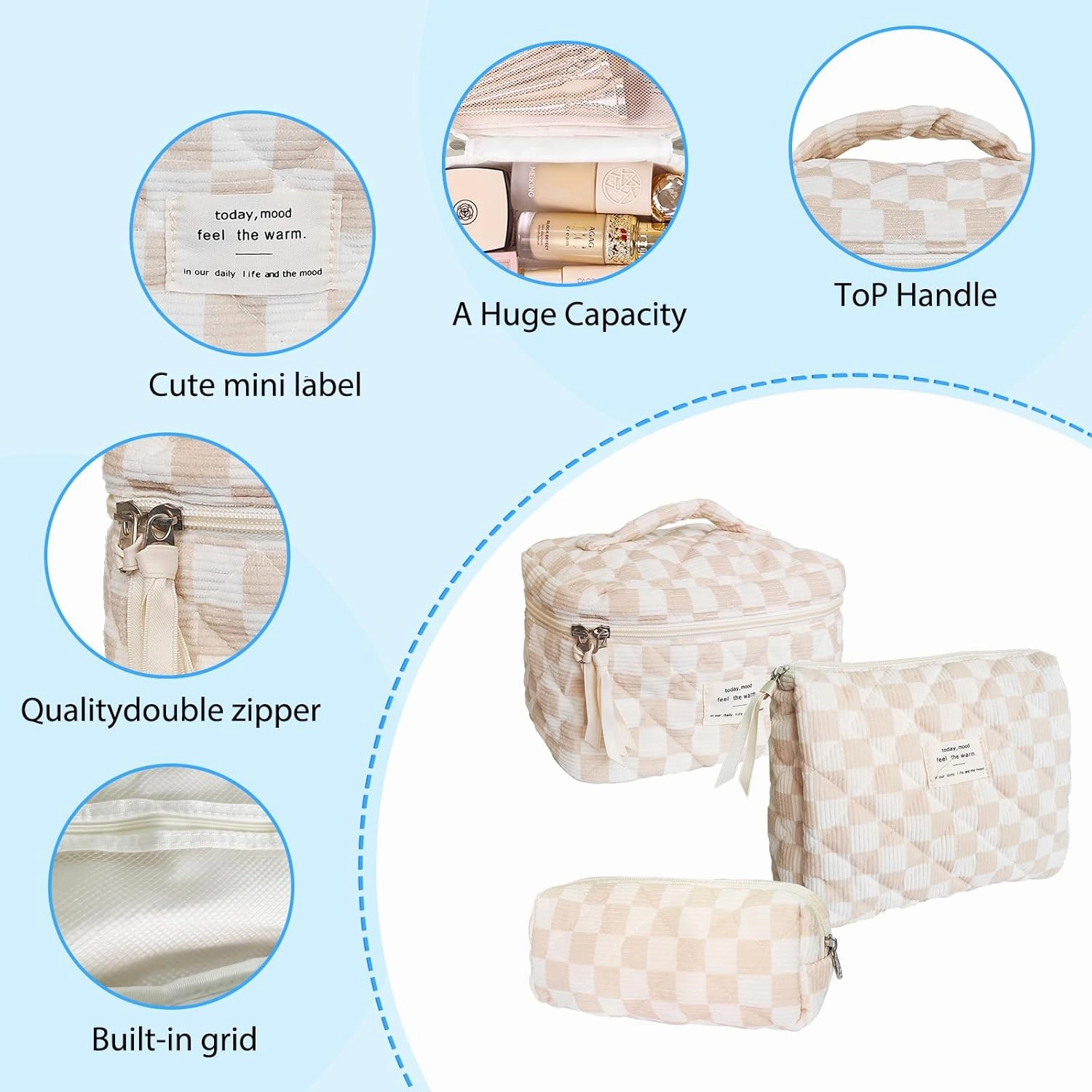 3 Piece Brown Checkered Corduroy Quilted Makeup Bag Set, Large Capacity Travel Makeup Bags for Women and Girls, Includes Small, Medium, and Large aesthetic makeup&Cosmetic Bags (3pcs-BrownCheckered)