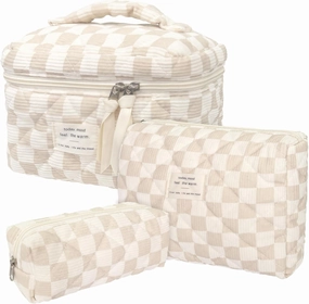 3 Piece Brown Checkered Corduroy Quilted Makeup Bag Set, Large Capacity Travel Makeup Bags for Women and Girls, Includes Small, Medium, and Large aesthetic makeup&Cosmetic Bags (3pcs-BrownCheckered)