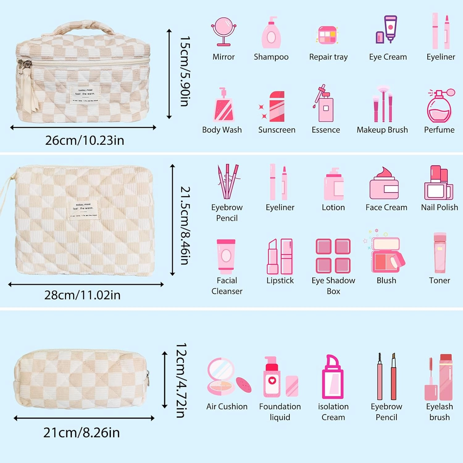 3 Piece Brown Checkered Corduroy Quilted Makeup Bag Set, Large Capacity Travel Makeup Bags for Women and Girls, Includes Small, Medium, and Large aesthetic makeup&Cosmetic Bags (3pcs-BrownCheckered)
