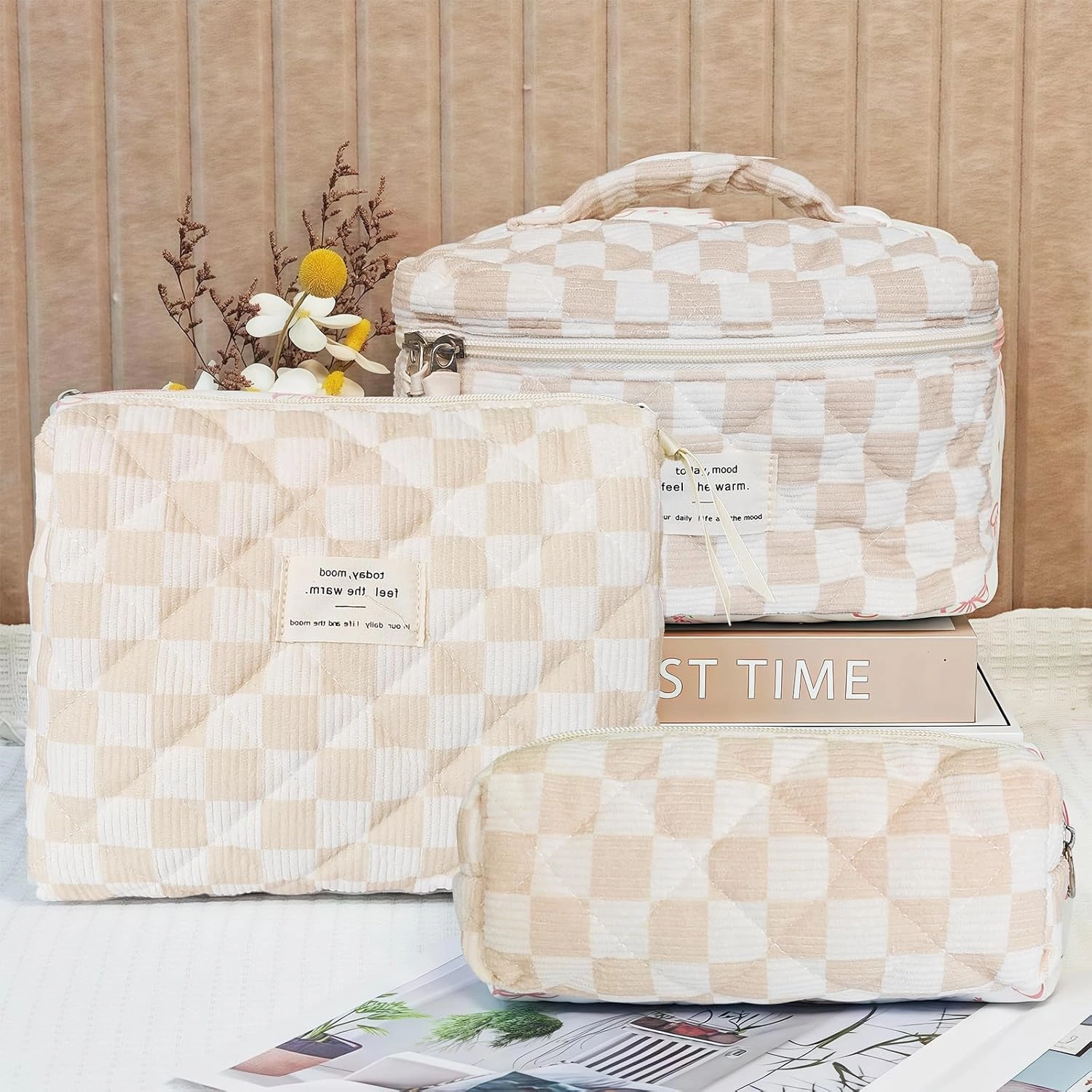 3 Piece Brown Checkered Corduroy Quilted Makeup Bag Set, Large Capacity Travel Makeup Bags for Women and Girls, Includes Small, Medium, and Large aesthetic makeup&Cosmetic Bags (3pcs-BrownCheckered)