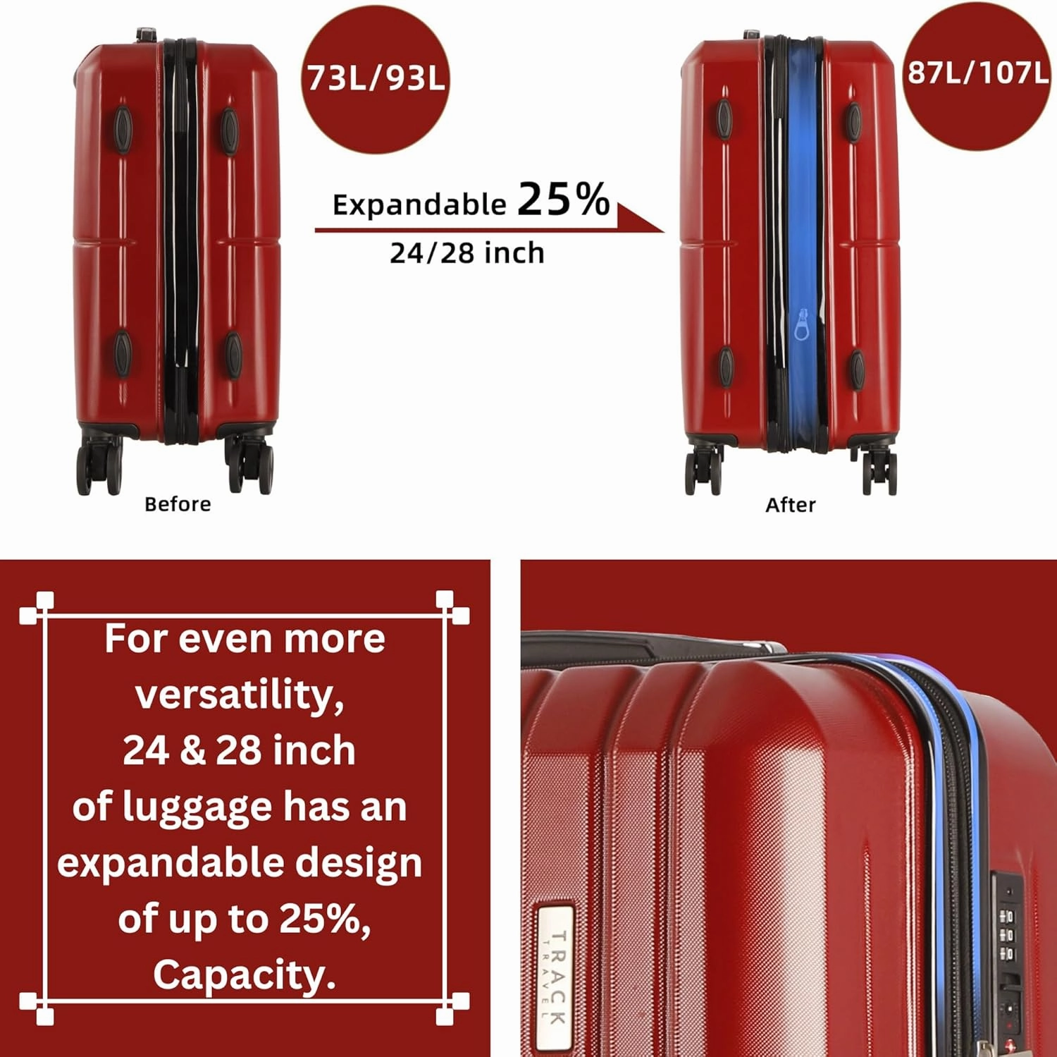 3 Piece Luggage Set ABS PC Expandable Hardshell TSA Lock Aluminum Trolley Spinner Wheels (Wine Red, 6 Piece Set)