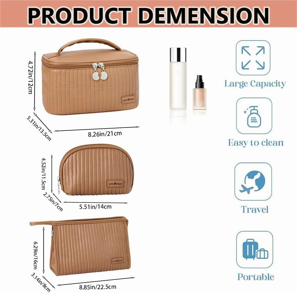 3 Piece Quilted Makeup Bag Set, Travel Cosmetic Cases with Handle, Large Capacity Toiletry Organizer (Brown)