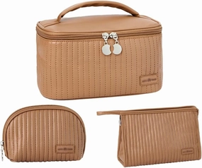 3 Piece Quilted Makeup Bag Set, Travel Cosmetic Cases with Handle, Large Capacity Toiletry Organizer (Brown)