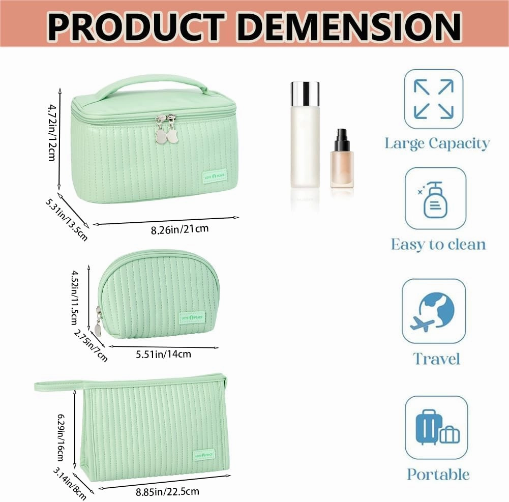 3 Piece Quilted Makeup Bag Set, Travel Cosmetic Cases with Handle, Large Capacity Toiletry Organizer (Green)