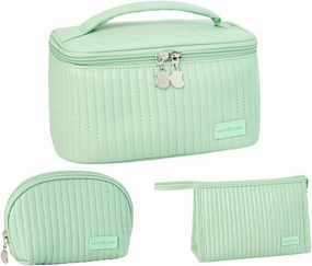 3 Piece Quilted Makeup Bag Set, Travel Cosmetic Cases with Handle, Large Capacity Toiletry Organizer (Green)