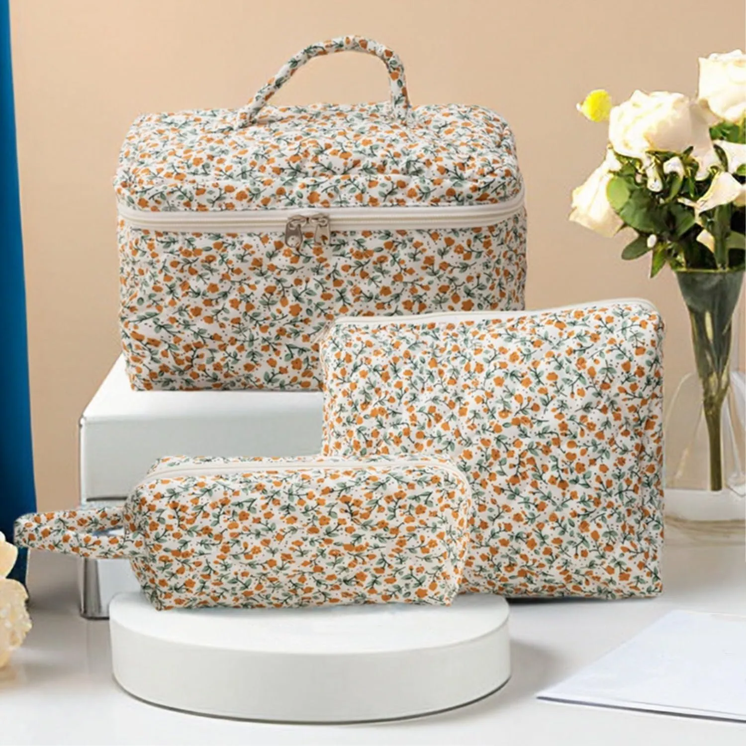 3Pcs Cotton Quilted Makeup Bag Set, Cute Floral Makeup Bags, Large Travel Coquette Make up Bag Cosmetic Bag Toiletry Organizer Bag for Women Girls (F)