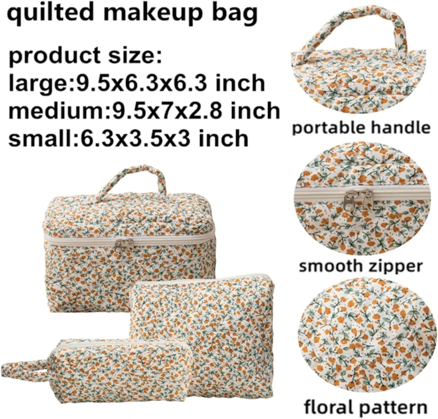 3Pcs Cotton Quilted Makeup Bag Set, Cute Floral Makeup Bags, Large Travel Coquette Make up Bag Cosmetic Bag Toiletry Organizer Bag for Women Girls (F)
