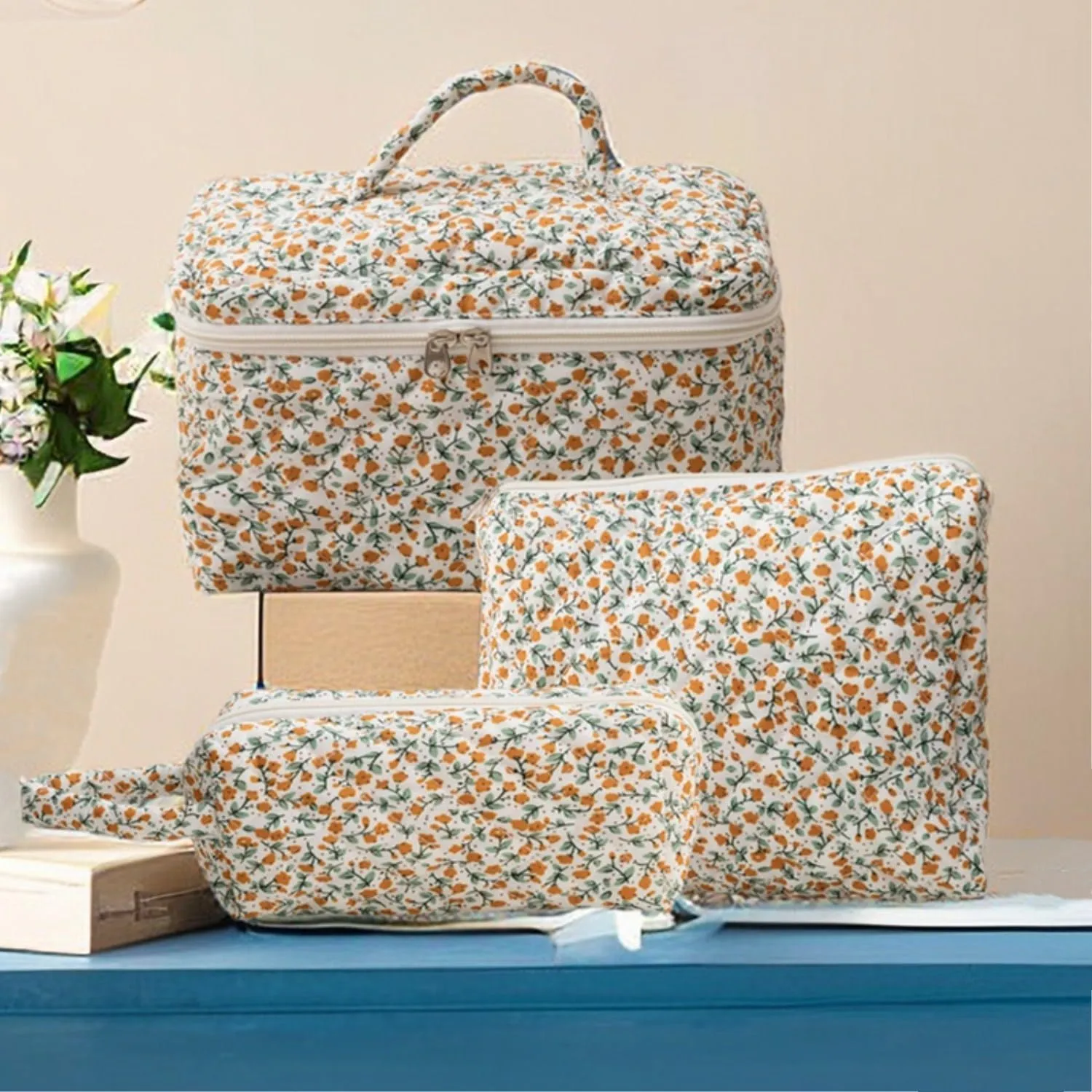 3Pcs Cotton Quilted Makeup Bag Set, Cute Floral Makeup Bags, Large Travel Coquette Make up Bag Cosmetic Bag Toiletry Organizer Bag for Women Girls (F)