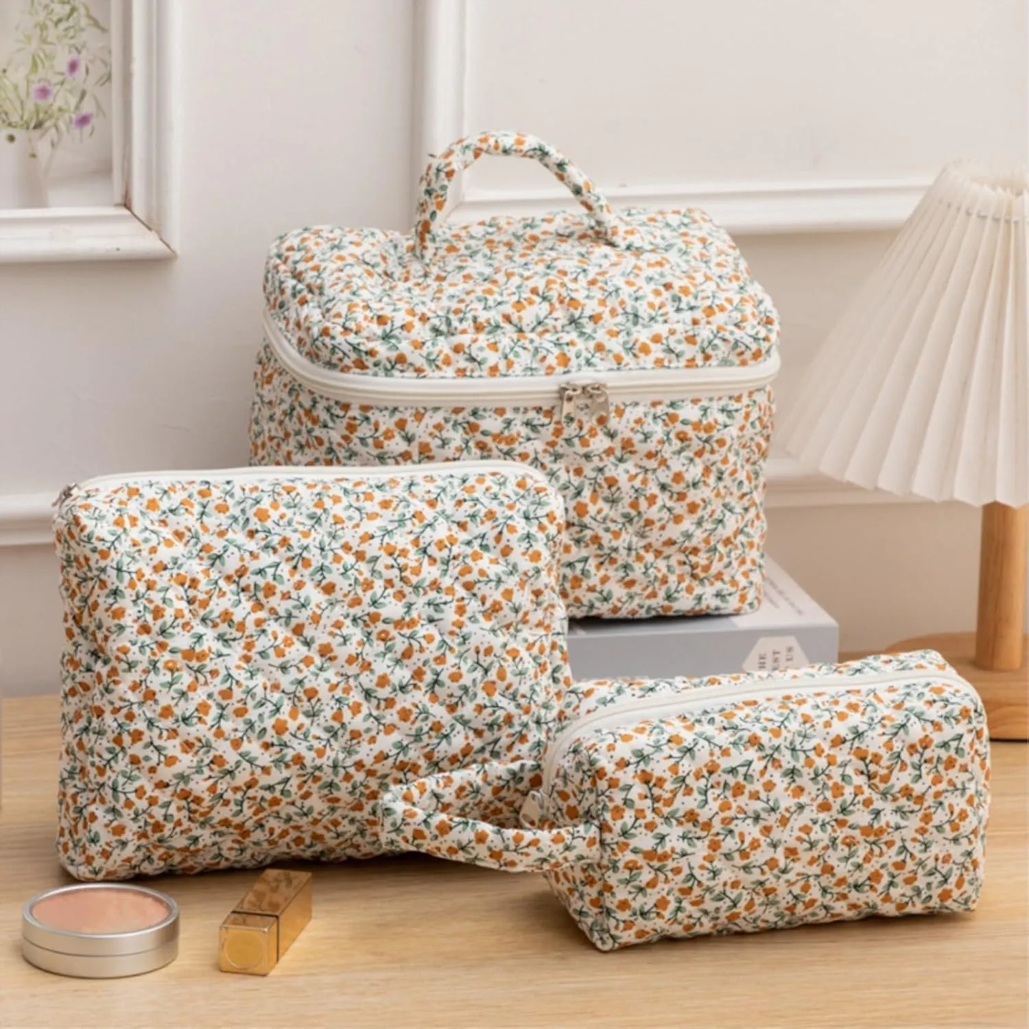 3Pcs Cotton Quilted Makeup Bag Set, Cute Floral Makeup Bags, Large Travel Coquette Make up Bag Cosmetic Bag Toiletry Organizer Bag for Women Girls (F)