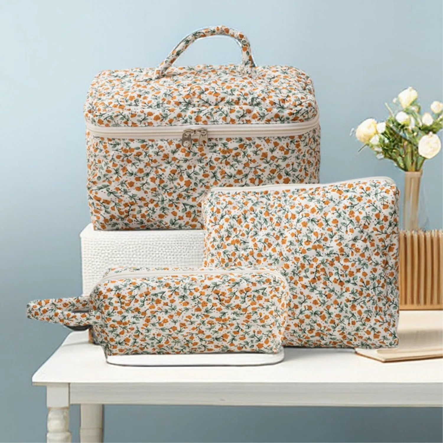 3Pcs Cotton Quilted Makeup Bag Set, Cute Floral Makeup Bags, Large Travel Coquette Make up Bag Cosmetic Bag Toiletry Organizer Bag for Women Girls (F)