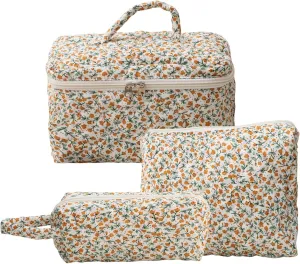 3Pcs Cotton Quilted Makeup Bag Set, Cute Floral Makeup Bags, Large Travel Coquette Make up Bag Cosmetic Bag Toiletry Organizer Bag for Women Girls (F)