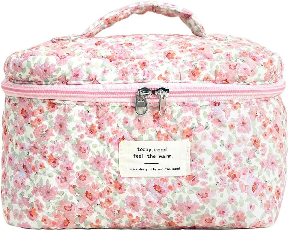 3PCS Makeup Bag Large Cosmetic Pouch Bag with Handle Cute Floral Small Makeup Bag for Purse, Quilted Cotton Skincare Storage Bag Travel Makeup Bag Set for Women, Bridesmaids, Gifts, Pink