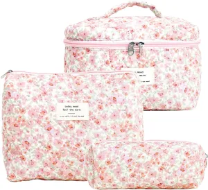 3PCS Makeup Bag Large Cosmetic Pouch Bag with Handle Cute Floral Small Makeup Bag for Purse, Quilted Cotton Skincare Storage Bag Travel Makeup Bag Set for Women, Bridesmaids, Gifts, Pink