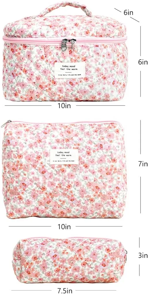 3PCS Makeup Bag Large Cosmetic Pouch Bag with Handle Cute Floral Small Makeup Bag for Purse, Quilted Cotton Skincare Storage Bag Travel Makeup Bag Set for Women, Bridesmaids, Gifts, Pink