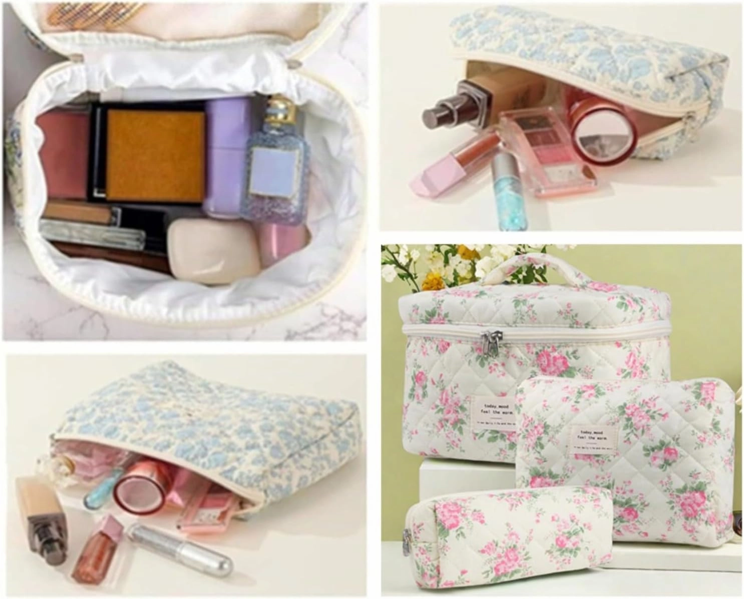 3Pcs Cotton Quilted Makeup Bag Set, Cute Floral Makeup Bags, Large Travel Coquette Make up Bag Cosmetic Bag Toiletry Organizer Bag for Women Girls (J)