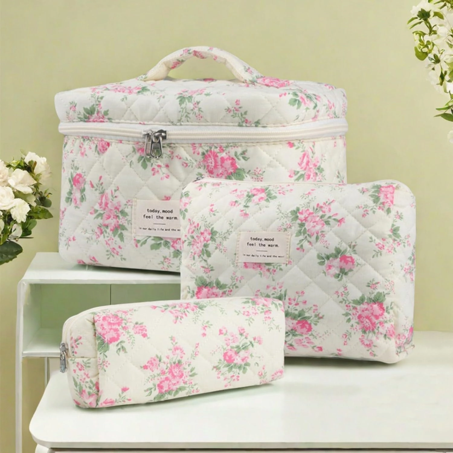 3Pcs Cotton Quilted Makeup Bag Set, Cute Floral Makeup Bags, Large Travel Coquette Make up Bag Cosmetic Bag Toiletry Organizer Bag for Women Girls (J)