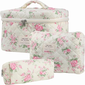 3Pcs Cotton Quilted Makeup Bag Set, Cute Floral Makeup Bags, Large Travel Coquette Make up Bag Cosmetic Bag Toiletry Organizer Bag for Women Girls (J)