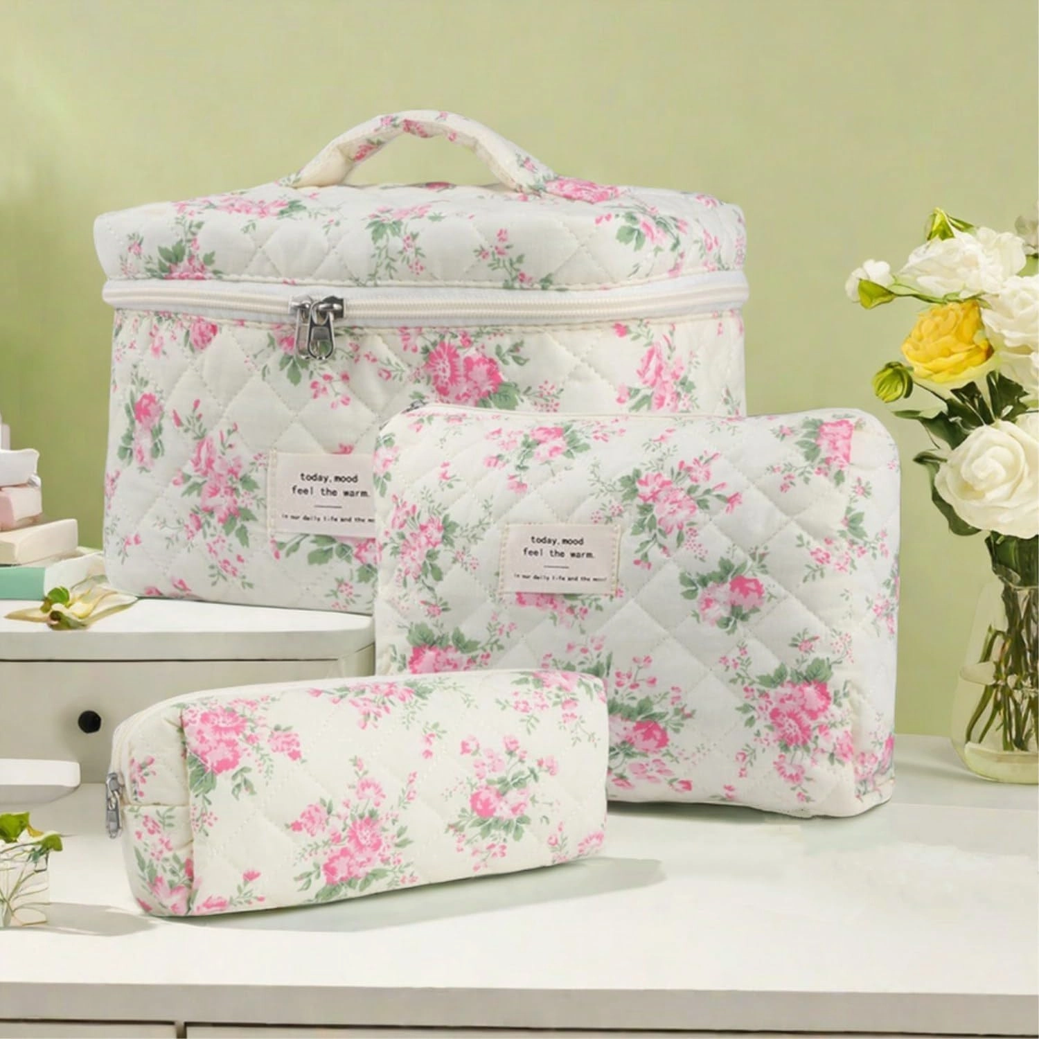 3Pcs Cotton Quilted Makeup Bag Set, Cute Floral Makeup Bags, Large Travel Coquette Make up Bag Cosmetic Bag Toiletry Organizer Bag for Women Girls (J)