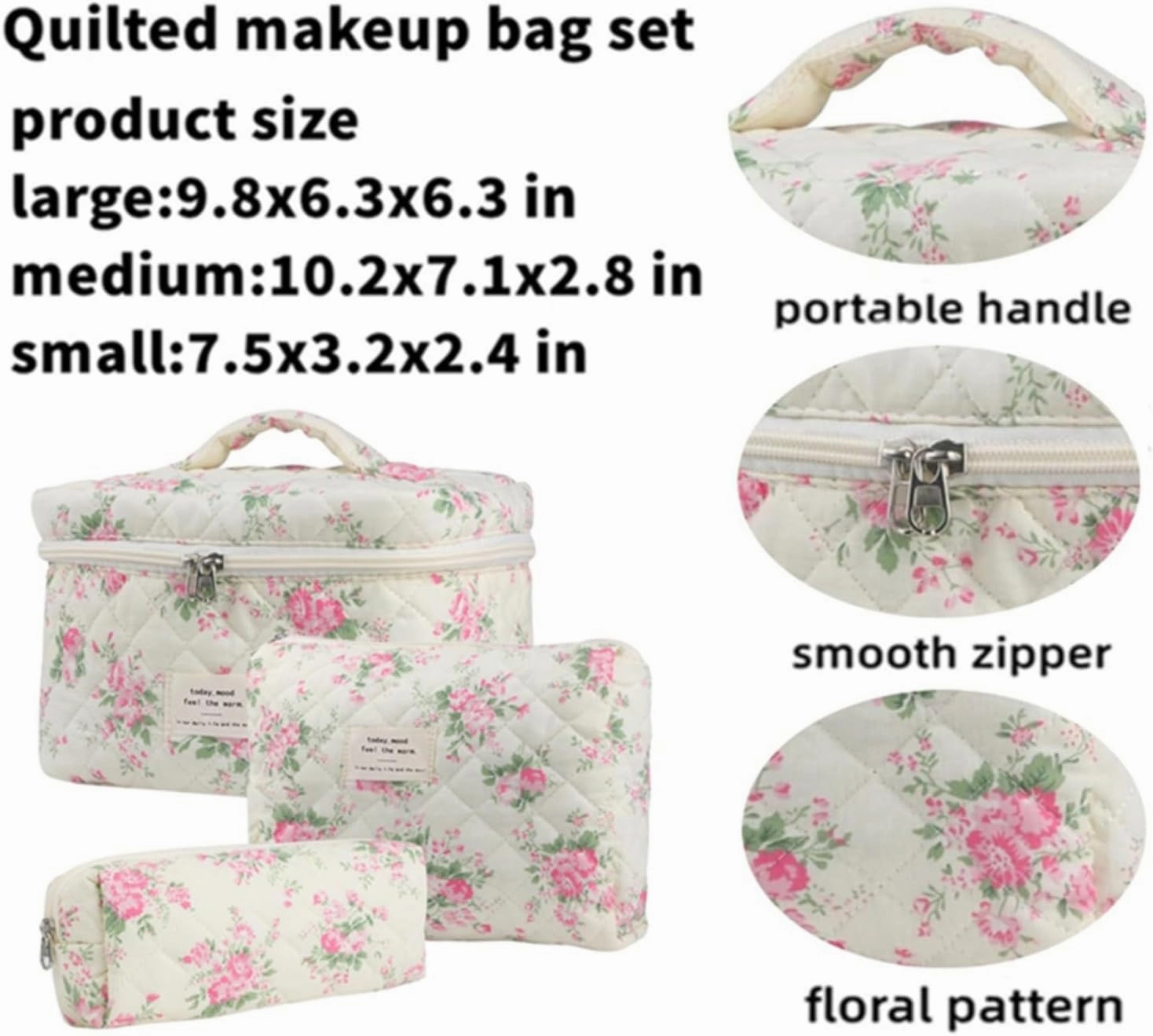 3Pcs Cotton Quilted Makeup Bag Set, Cute Floral Makeup Bags, Large Travel Coquette Make up Bag Cosmetic Bag Toiletry Organizer Bag for Women Girls (J)