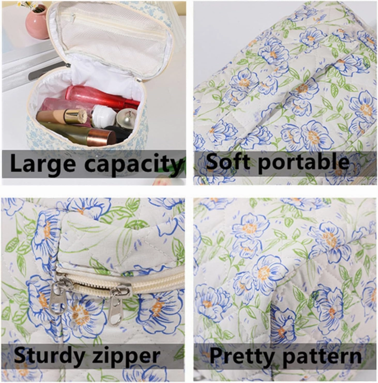 3Pcs Cotton Quilted Makeup Bag Set, Cute Floral Makeup Bags, Large Travel Coquette Make up Bag Cosmetic Bag Toiletry Organizer Bag for Women Girls (J)