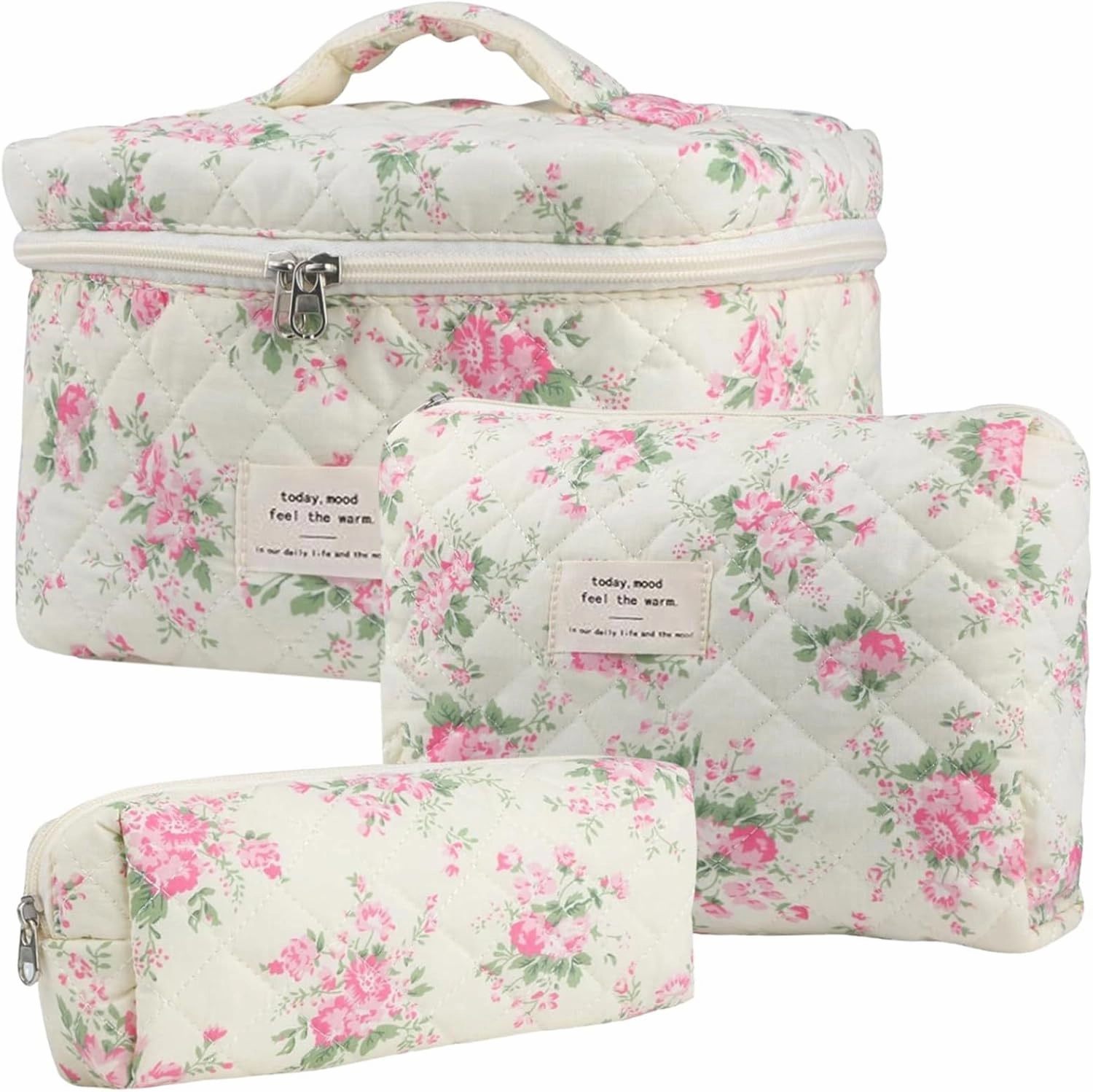3Pcs Cotton Quilted Makeup Bag Set, Cute Floral Makeup Bags, Large Travel Coquette Make up Bag Cosmetic Bag Toiletry Organizer Bag for Women Girls (J)