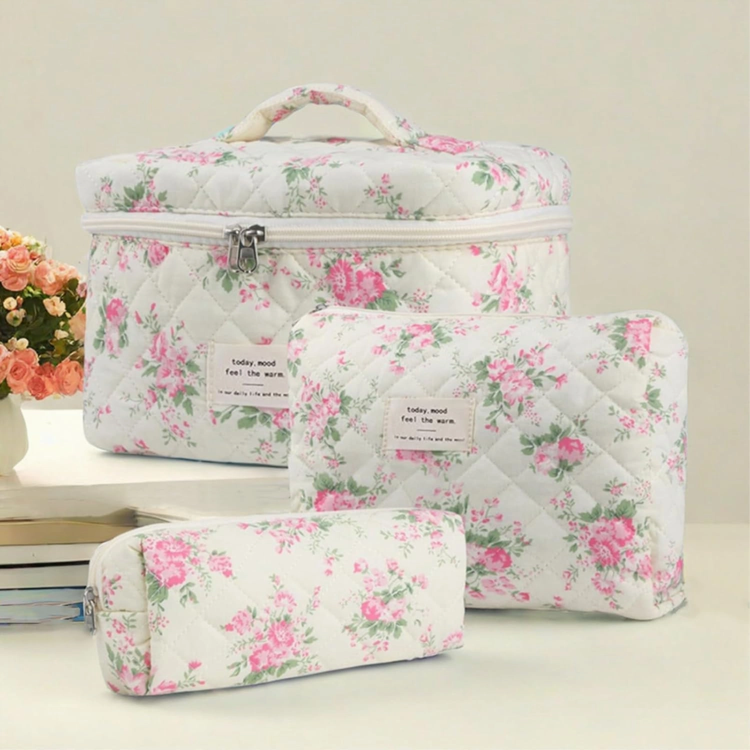 3Pcs Cotton Quilted Makeup Bag Set, Cute Floral Makeup Bags, Large Travel Coquette Make up Bag Cosmetic Bag Toiletry Organizer Bag for Women Girls (J)