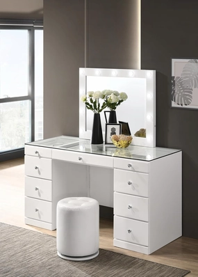 3pcs Makeup Vanity Set with Led Lighted Mirror, Glass Top, 9 Drawers, Crystal Knobs, Round Stool-White Wooden Bedroom & Storage