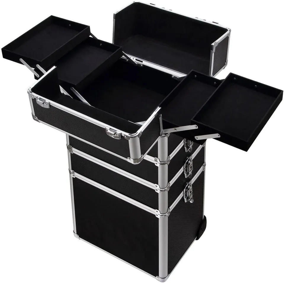 4-in-1 Draw-bar Style Interchangeable Aluminum Rolling Makeup Case Black (13.78 x 9.84 x 29.53)