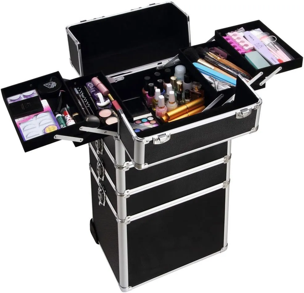 4-in-1 Draw-bar Style Interchangeable Aluminum Rolling Makeup Case Black (13.78 x 9.84 x 29.53)