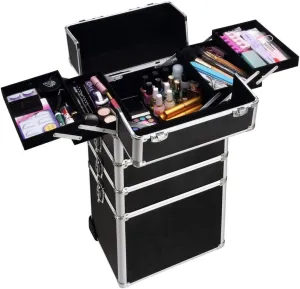 4-in-1 Draw-bar Style Interchangeable Aluminum Rolling Makeup Case Black (13.78 x 9.84 x 29.53)