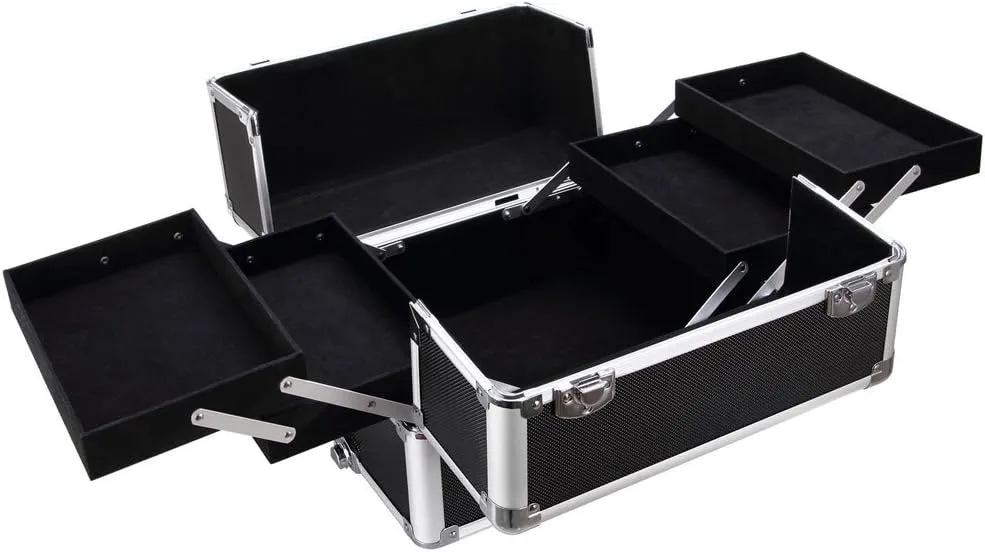 4-in-1 Draw-bar Style Interchangeable Aluminum Rolling Makeup Case Black (13.78 x 9.84 x 29.53)